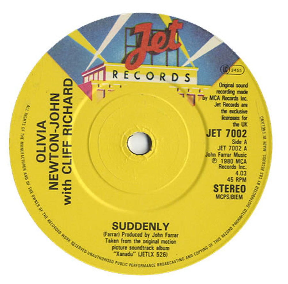 Olivia Newton John Suddenly UK 7" vinyl single (7 inch record / 45) JET7002