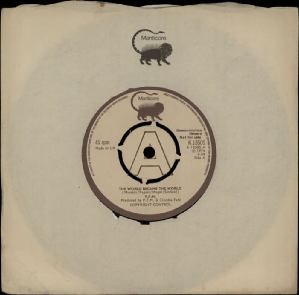 P.F.M. The World Became The World UK Promo 7" vinyl single (7 inch record / 45) K13505