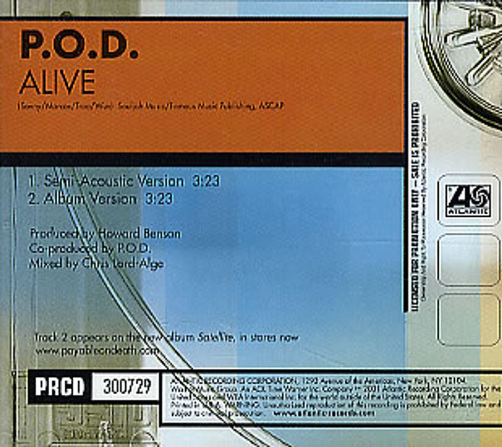 P.O.D. Alive US Promo CD single (CD5 / 5") PRCD300729