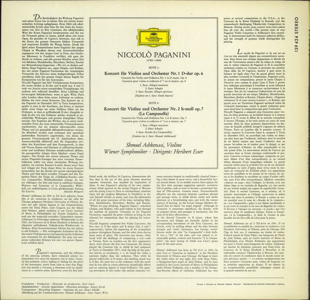 Paganini Vioin Concertos No.1 In D Major - No.2 In B Minor UK vinyl LP album (LP record)