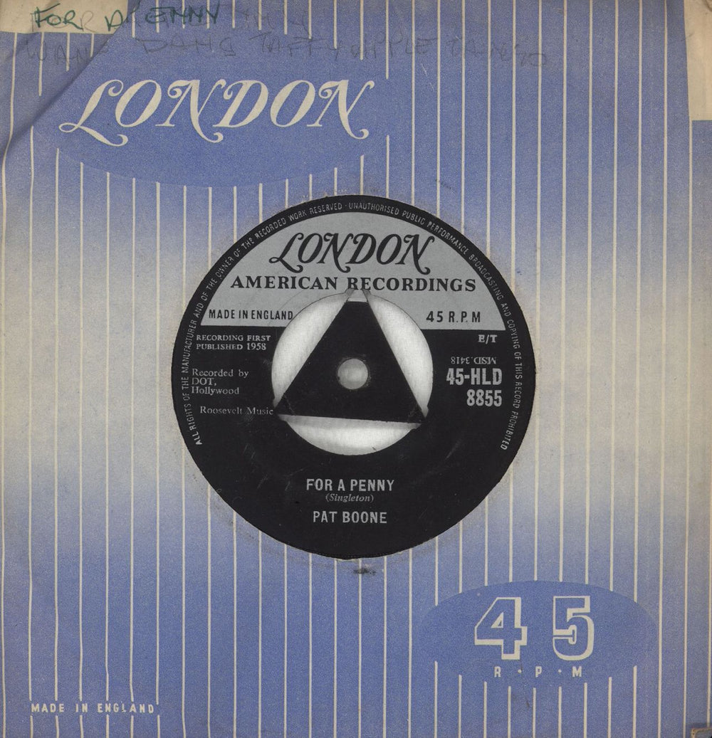 Pat Boone For A Penny UK 7" vinyl single (7 inch record / 45) 45-HLD8855