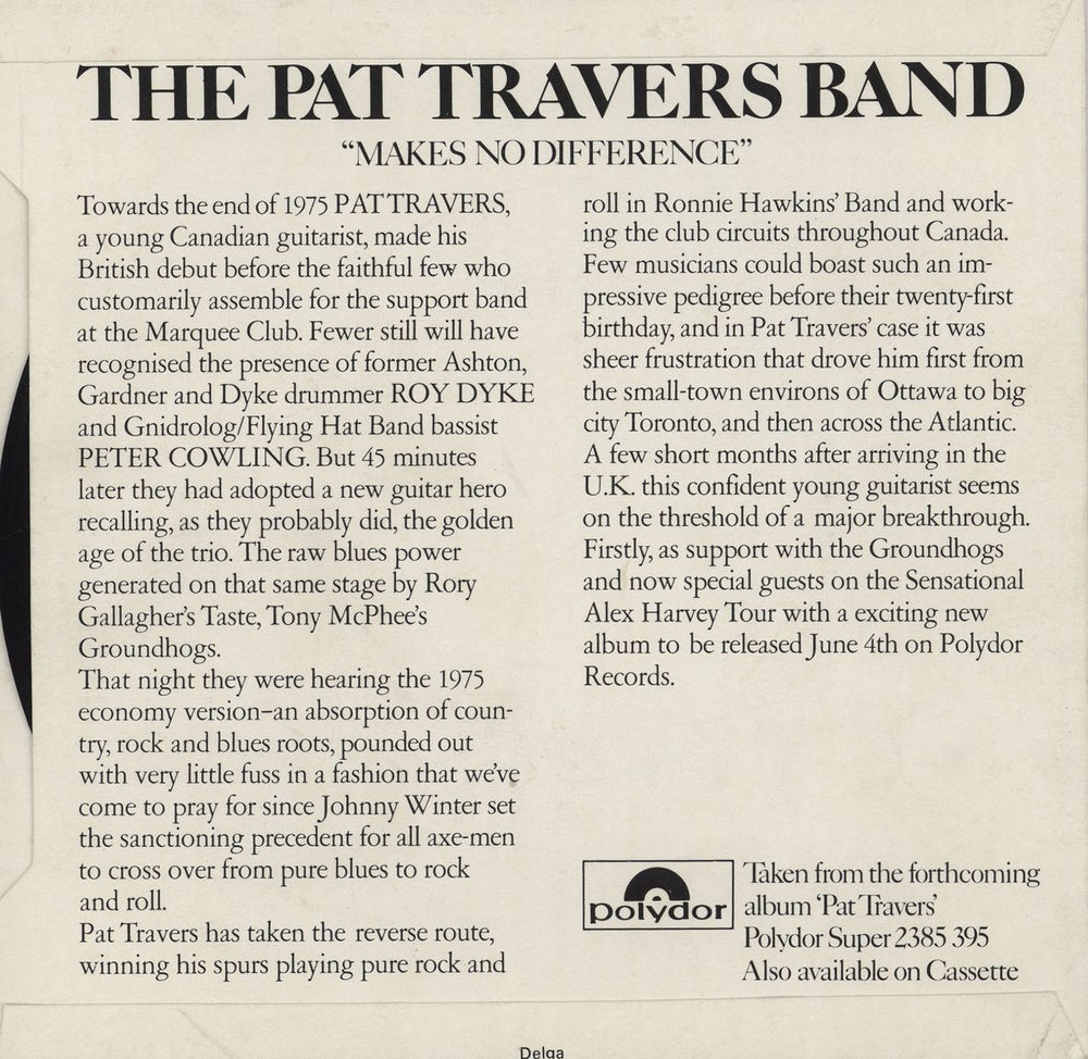 Pat Travers Makes No Difference - Flexi UK Promo 7" vinyl single (7 inch record / 45)
