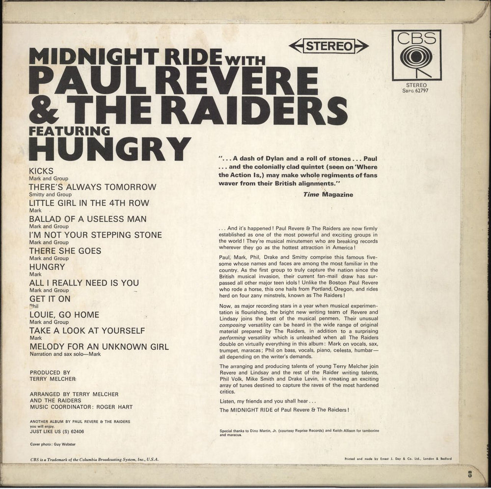 Paul Revere & The Raiders Midnight Ride Featuring Hungry UK vinyl LP album (LP record)