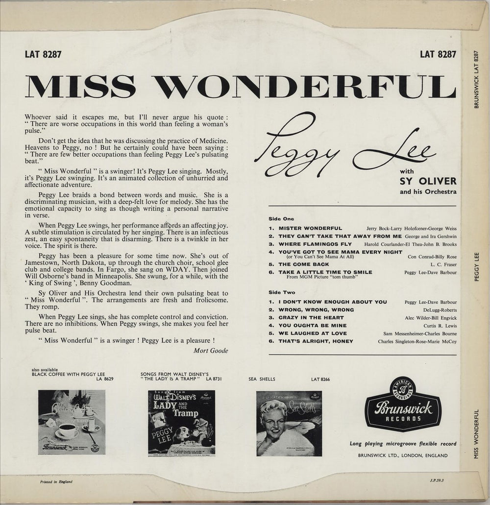 Peggy Lee Miss Wonderful UK vinyl LP album (LP record)