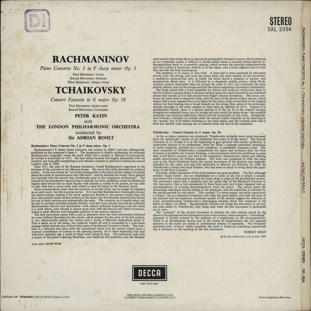 Peter Katin Rachmnaninov: First Piano Concerto / Tchaikovsky: Concert Fantasia UK vinyl LP album (LP record)