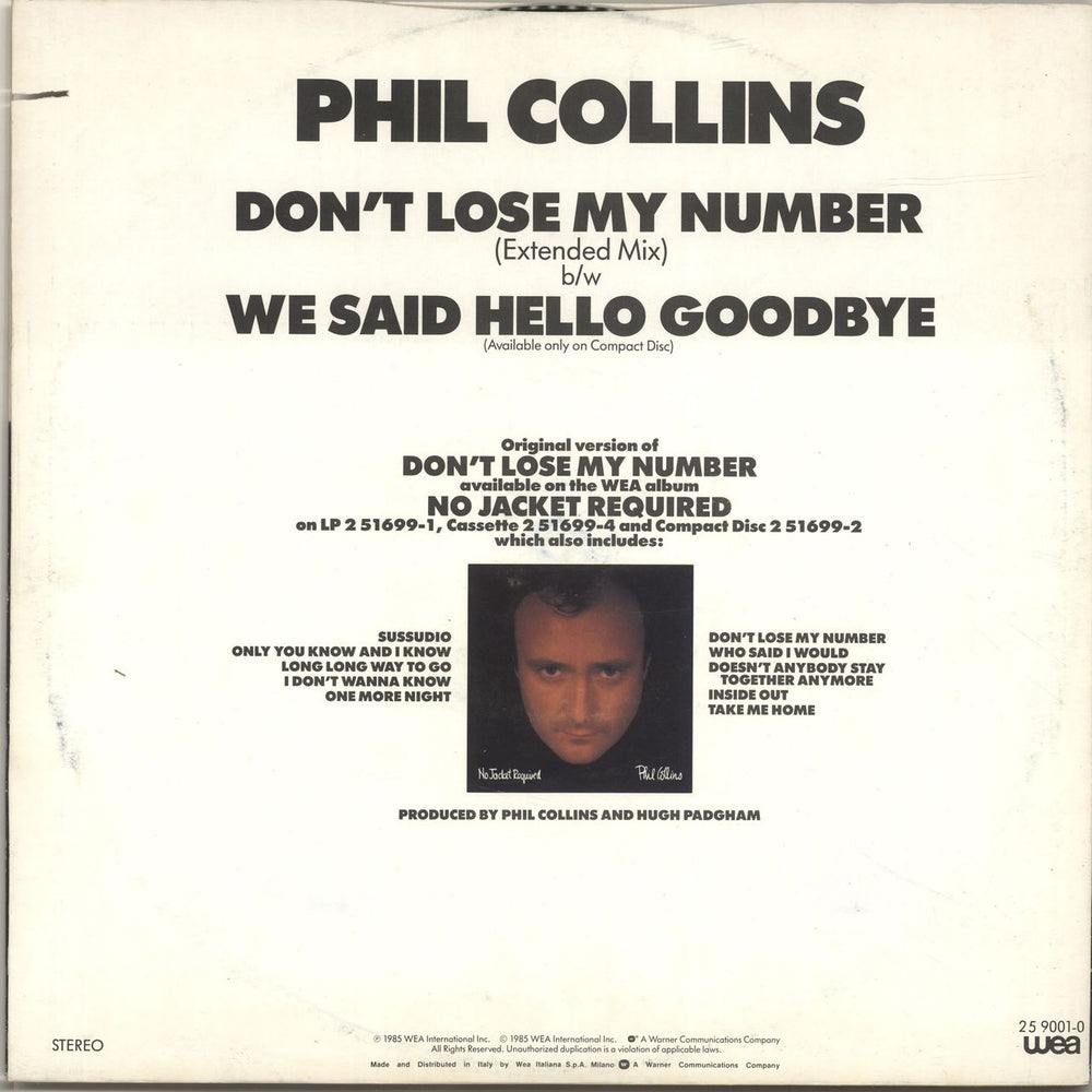 Phil Collins Don't Lose My Number Italian 12" vinyl single (12 inch record / Maxi-single)