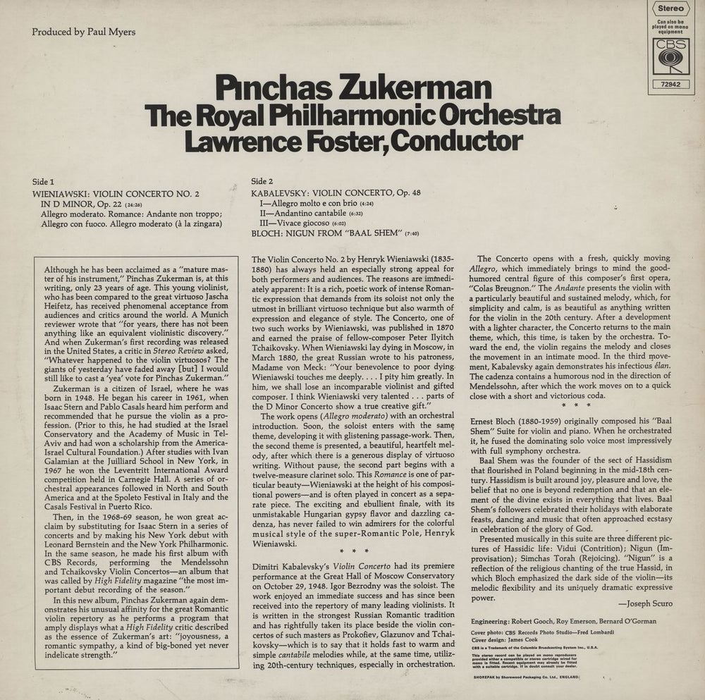 Pinchas Zukerman Wieniawski: Violin Concerto No. 2 / Kabalevsky: Violin Concerto / Bloch: Nigun From 'Baal Shem' UK vinyl LP album (LP record)