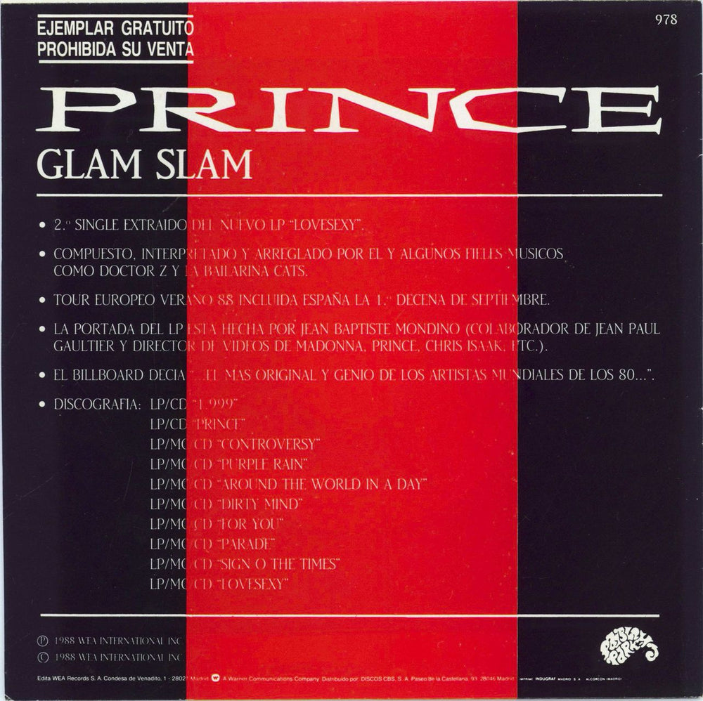 Prince Glam Slam Spanish Promo 7" vinyl single (7 inch record / 45)