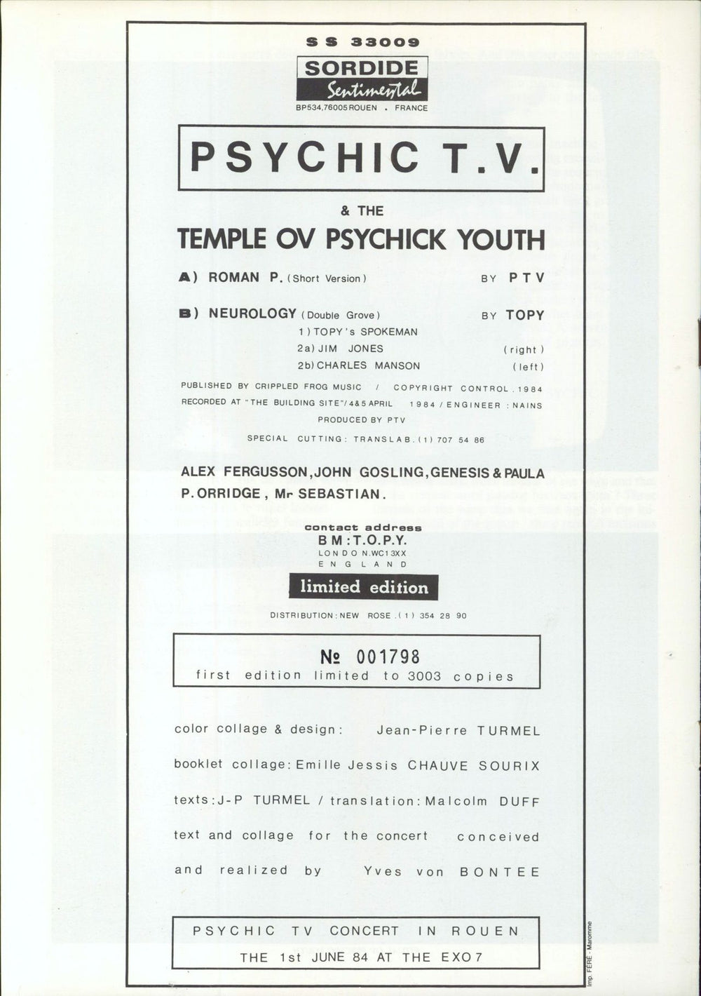 Psychic TV Sordide Sentimental French 7" vinyl single (7 inch record / 45) 1984