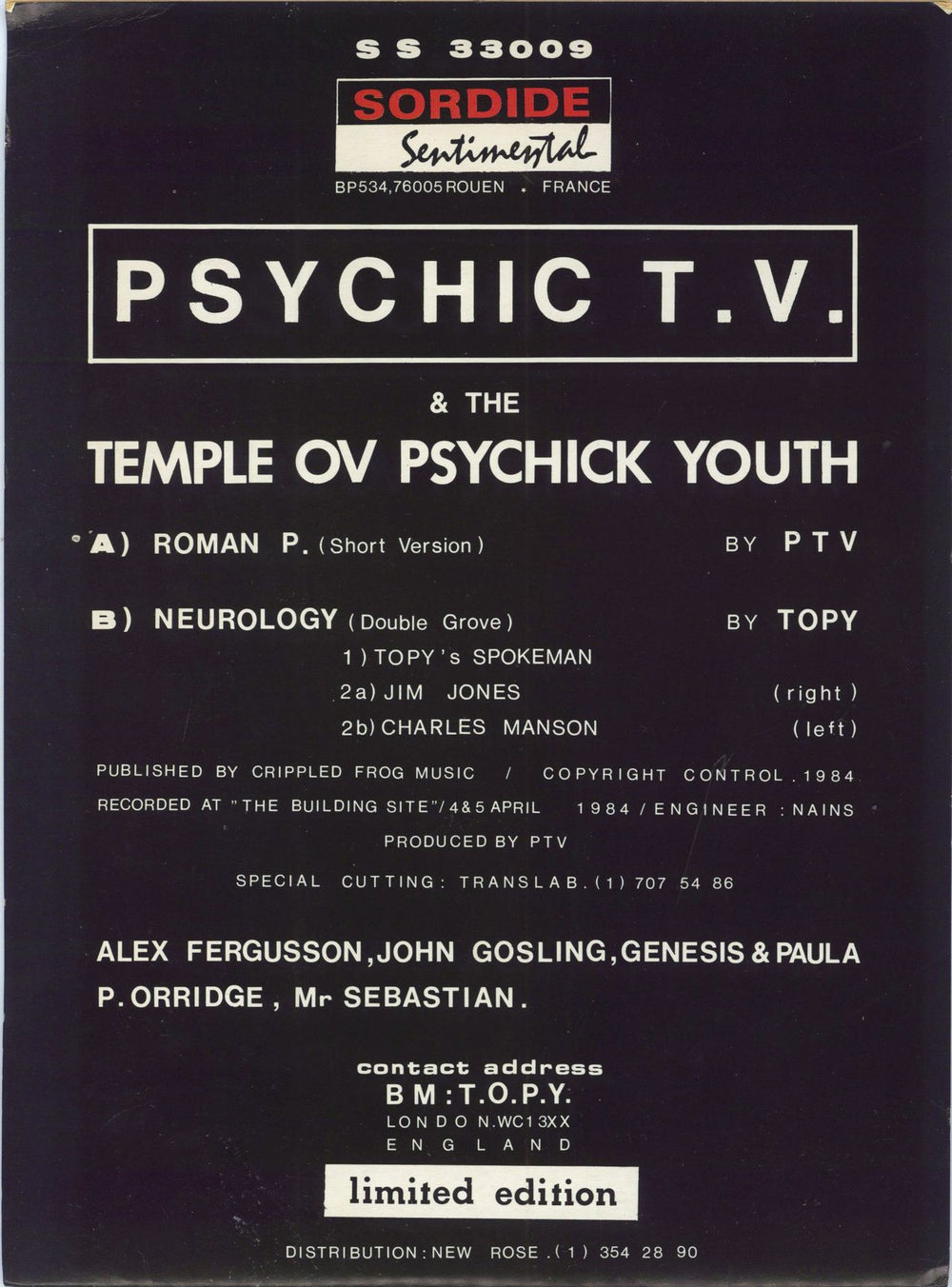 Psychic TV Sordide Sentimental French 7" vinyl single (7 inch record / 45)