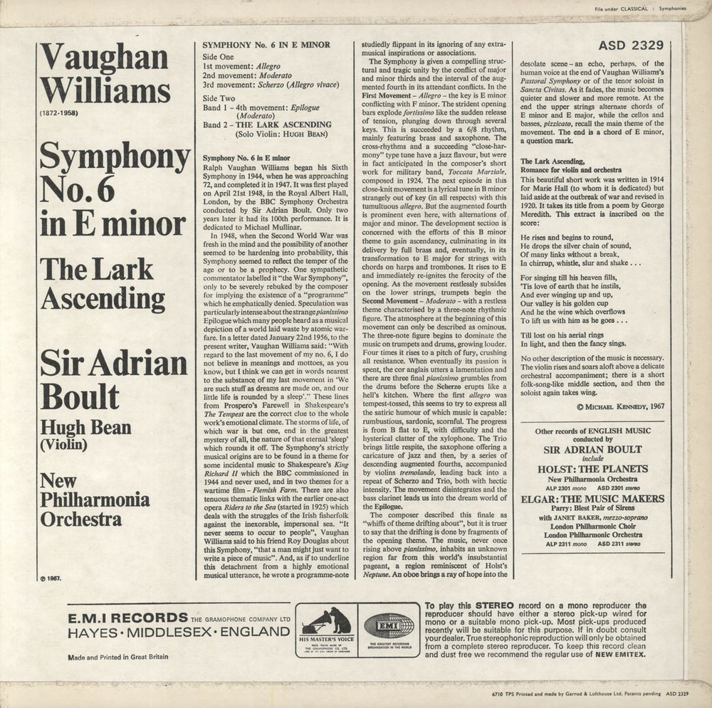 Ralph Vaughan Williams Symphony No. 6 UK vinyl LP album (LP record)
