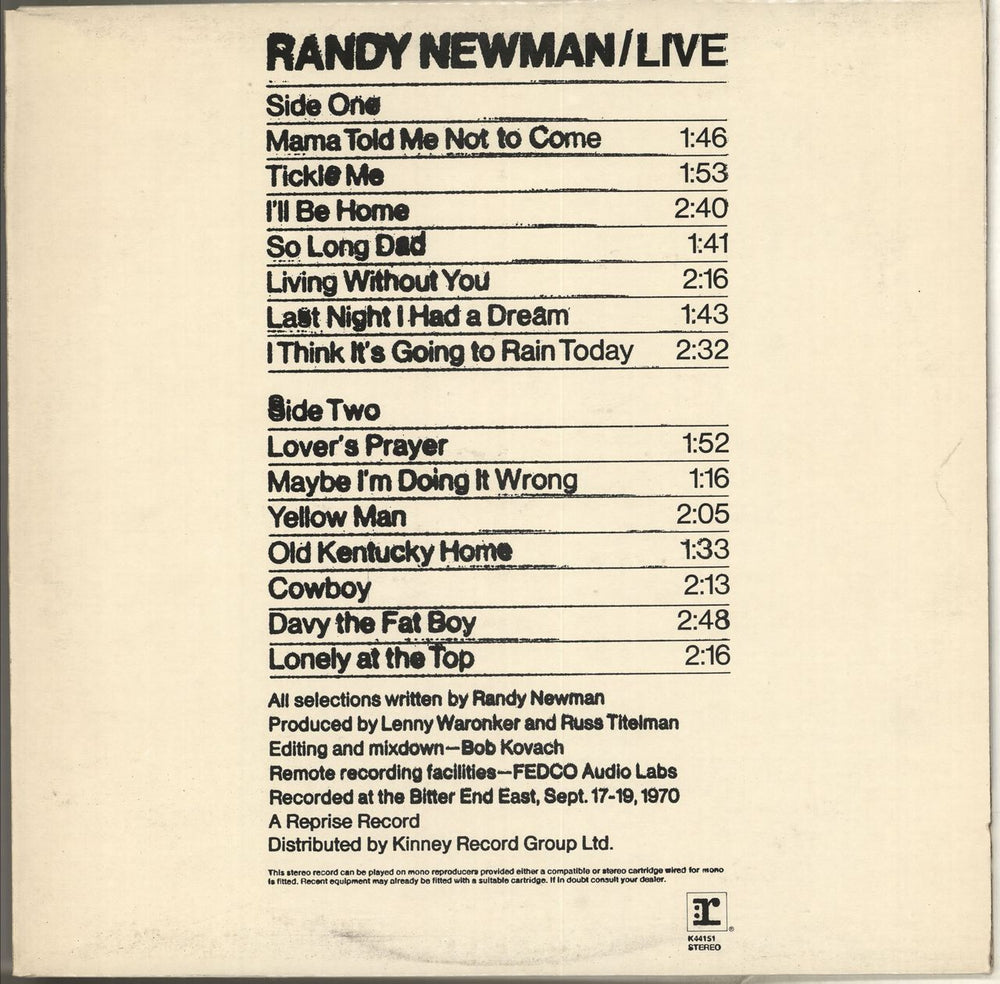 Randy Newman Live UK vinyl LP album (LP record) K44151