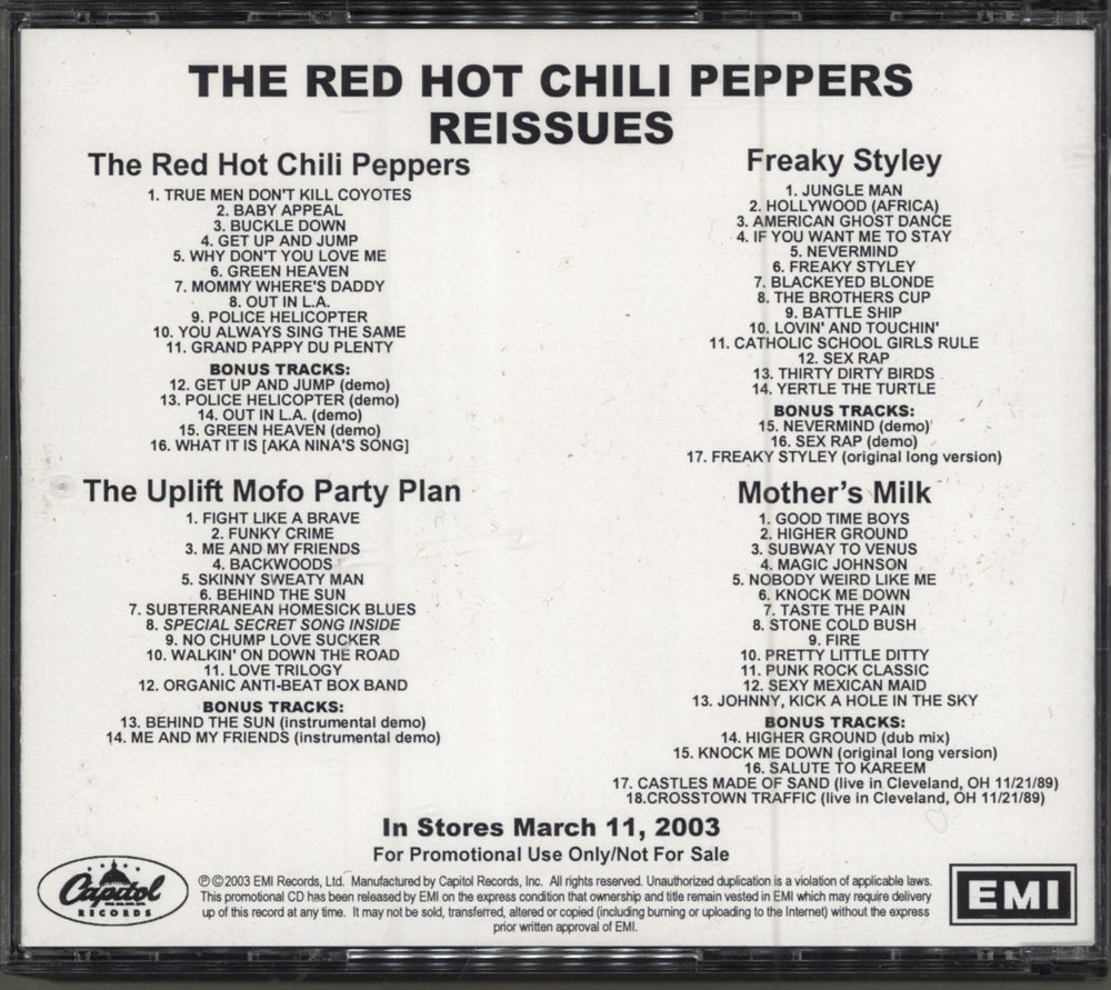 Red Hot Chili Peppers Reissues US Promo CD-R acetate RHCCRRE234029