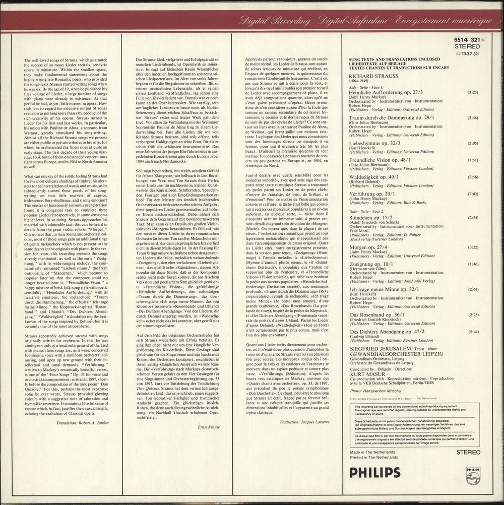 Richard Strauss Richard Strauss Orchestral Songs Of Orchesterlieder Dutch vinyl LP album (LP record)