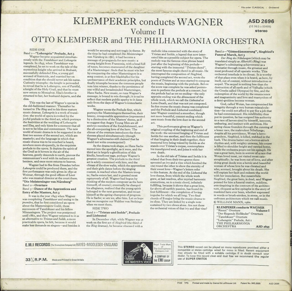 Richard Wagner Klemperer Conducts Wagner Volume 2 UK vinyl LP album (LP record)