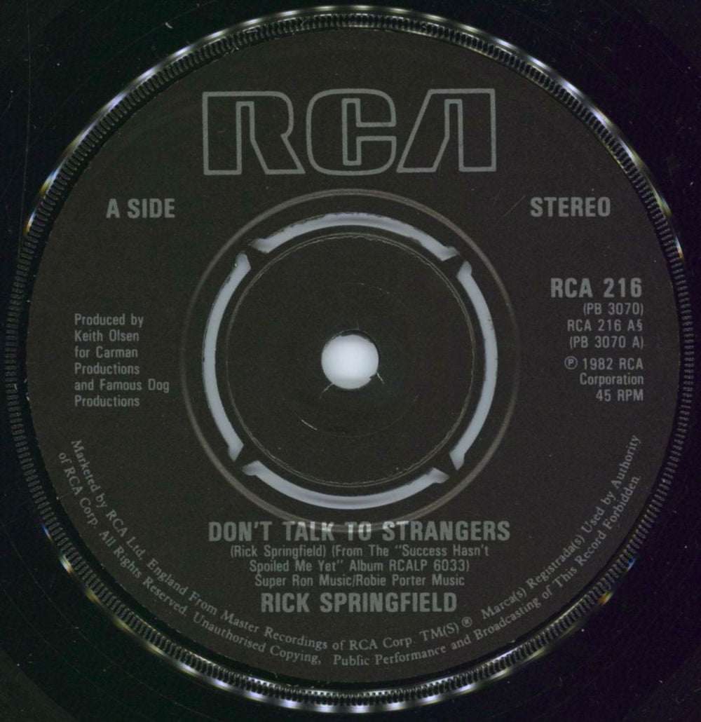 Rick Springfield Don't Talk To Strangers UK 7" vinyl single (7 inch record / 45) RSP07DO160259