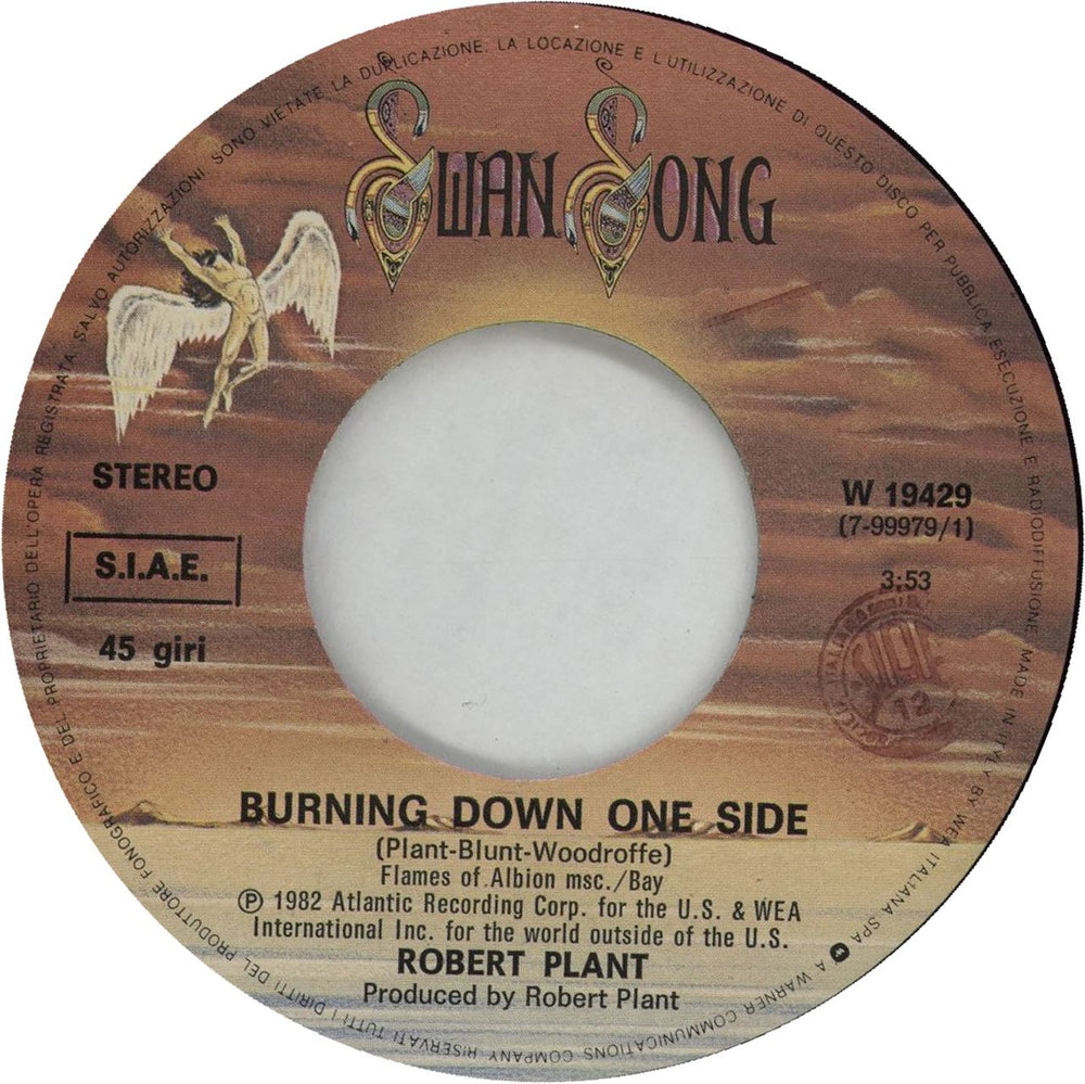 Robert Plant Burning Down One Side Italian 7" vinyl single (7 inch record / 45) PLA07BU331371