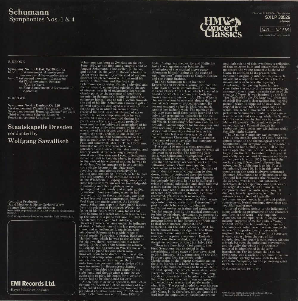 Robert Schumann Schumann: Symphony No.1 In B Flat "Spring" - Symphony No.4 In D Minor UK vinyl LP album (LP record)
