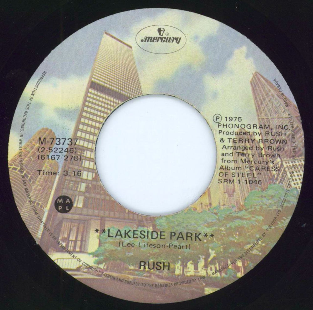 Rush Lakeside Park Canadian 7" vinyl single (7 inch record / 45) M-73737