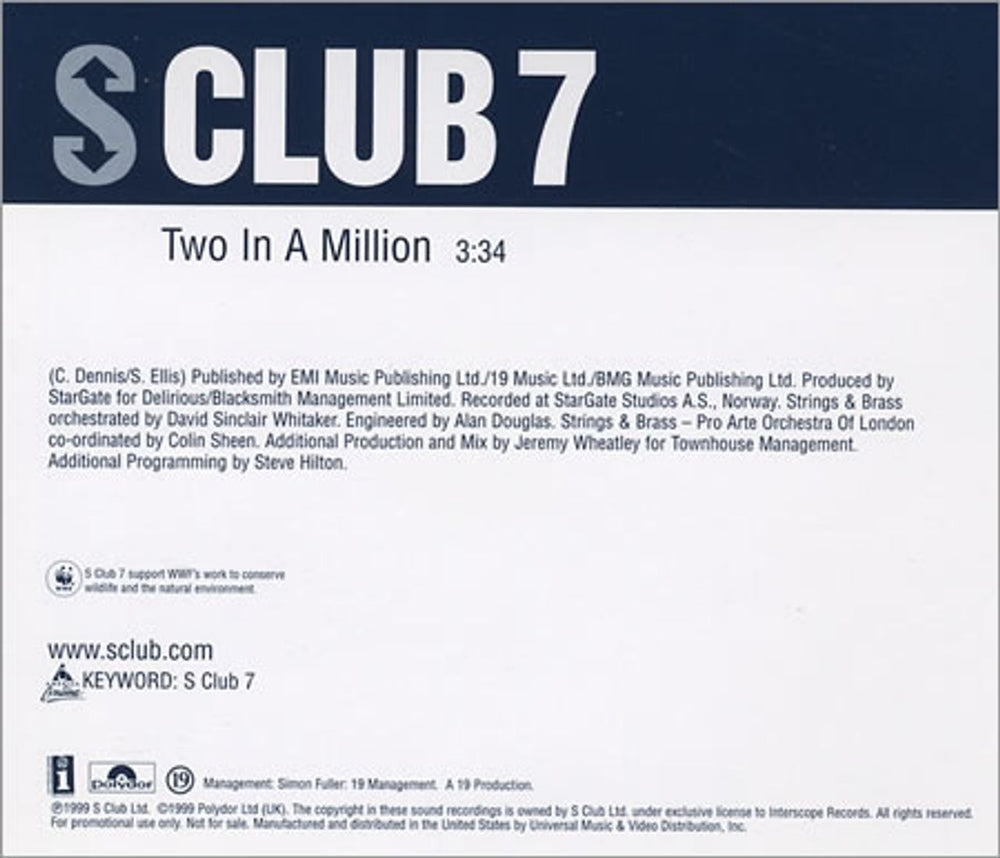 S Club 7 Two In A Million US Promo CD single (CD5 / 5") SC7C5TW154553