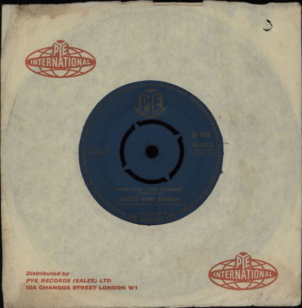 Santo And Johnny Theme From 'Come September' UK 7" vinyl single (7 inch record / 45) 7N.25111