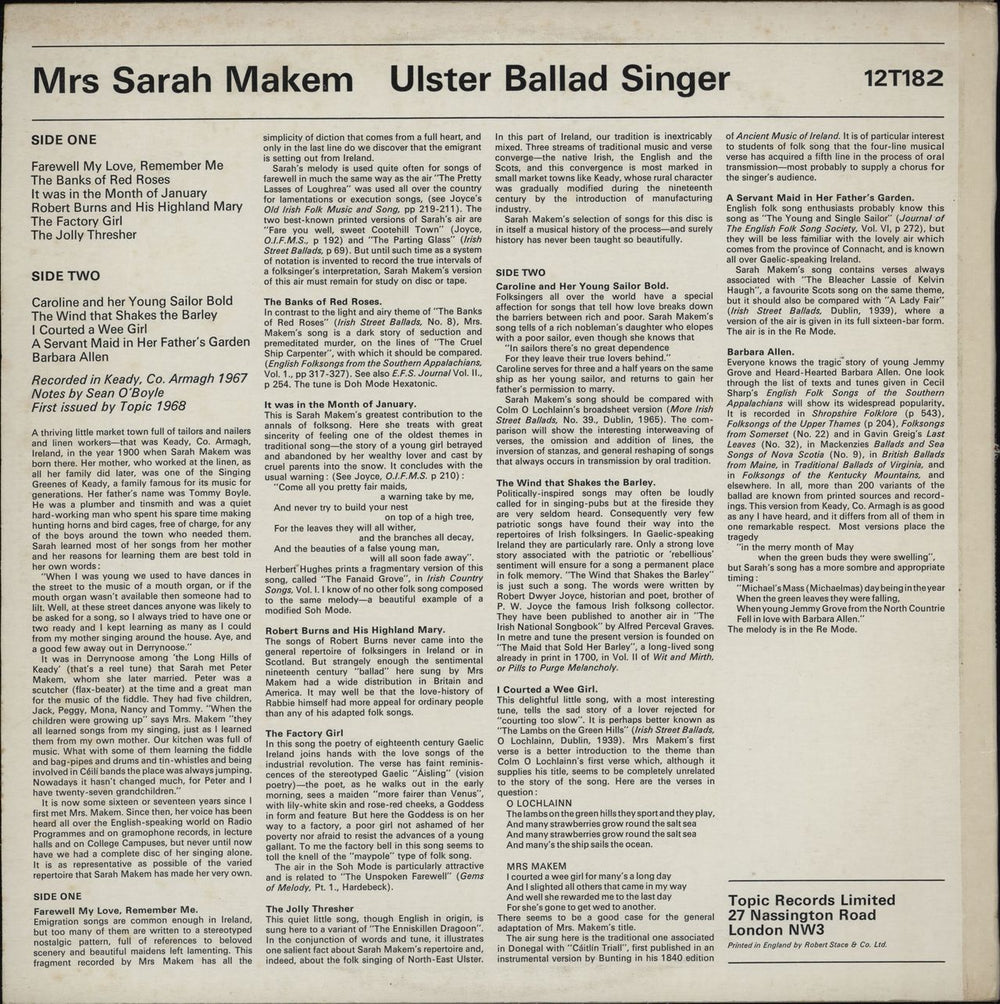 Sarah Makem Ulster Ballad Singer UK vinyl LP album (LP record)