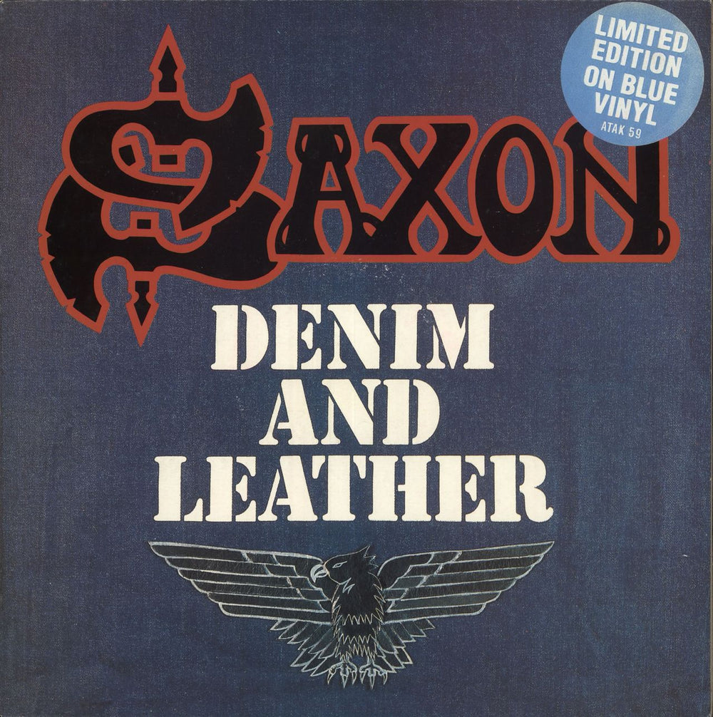 Saxon Denim And Leather - Blue vinyl UK vinyl LP album (LP record) EMS1163