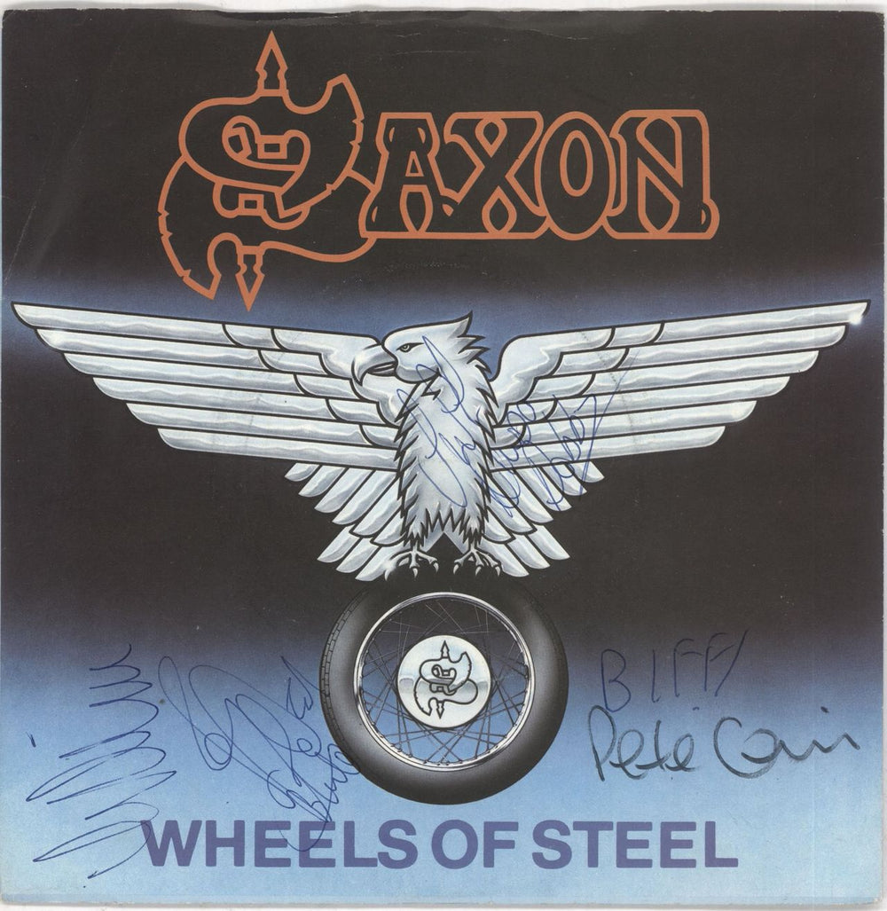 Saxon Wheels Of Steel - Autographed UK 7" vinyl single (7 inch record / 45) CAR143