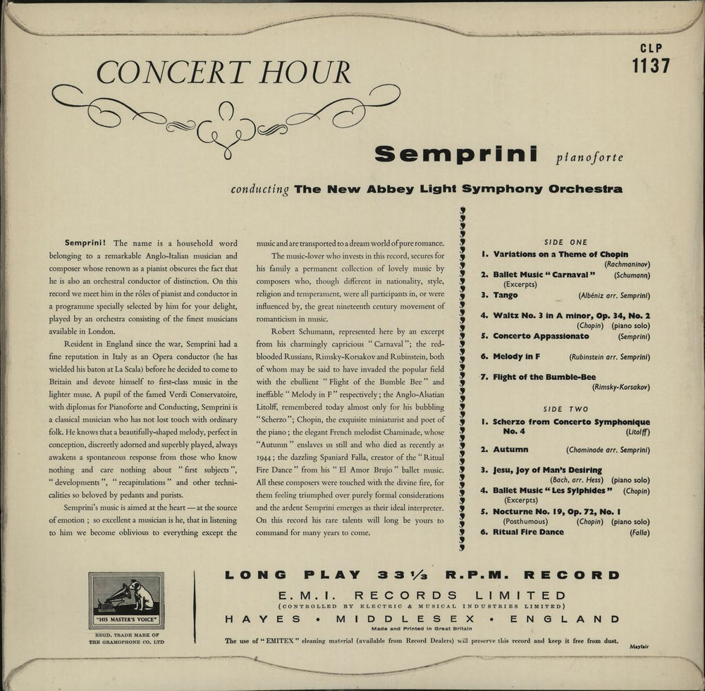 Semprini Concert Hour UK vinyl LP album (LP record) 1N1LPCO660987