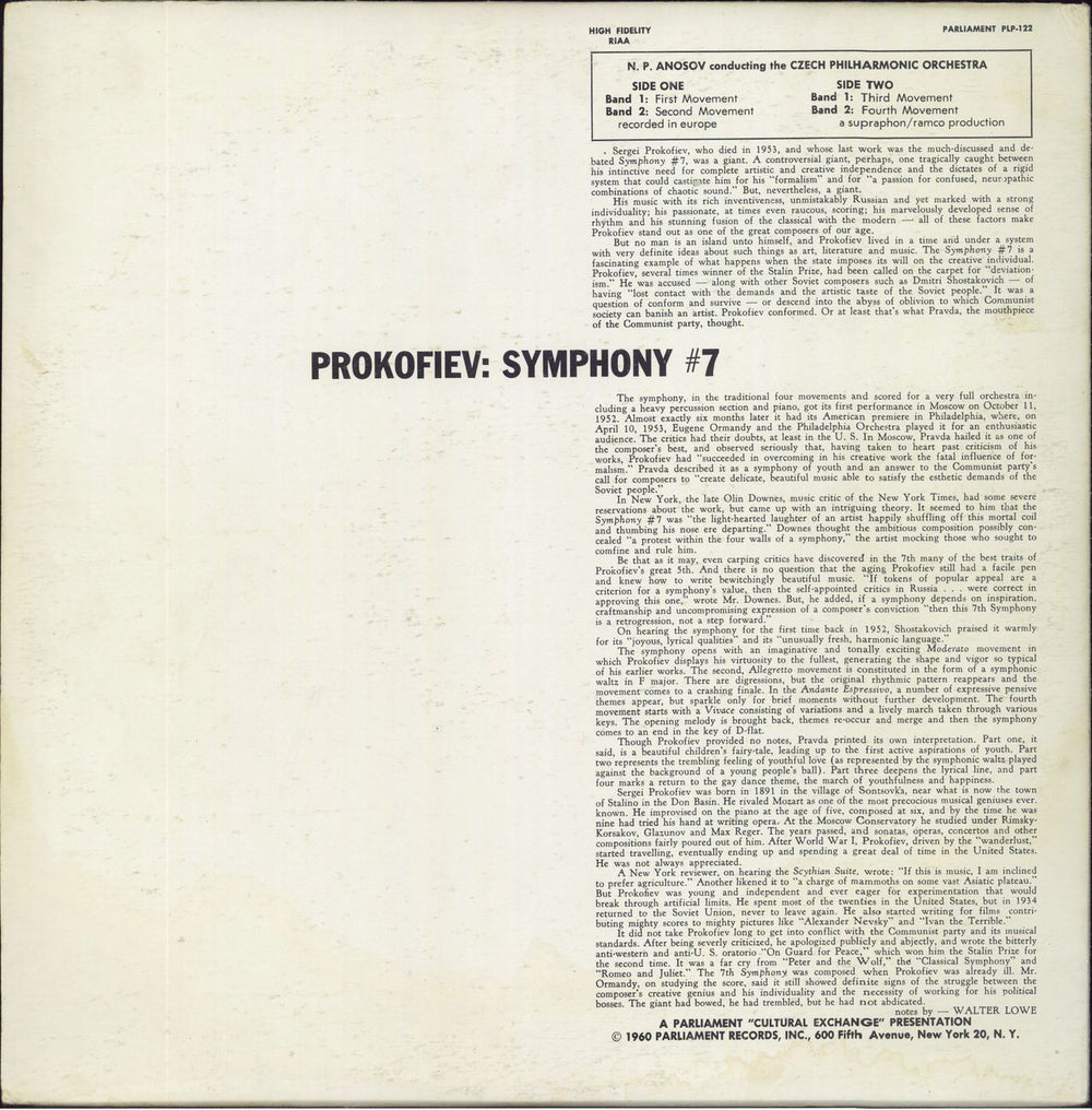 Sergei Prokofiev Symphony #7 US vinyl LP album (LP record)