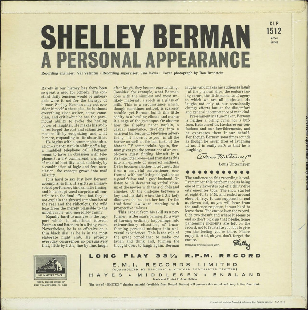 Shelley Berman A Personal Appearance UK vinyl LP album (LP record)