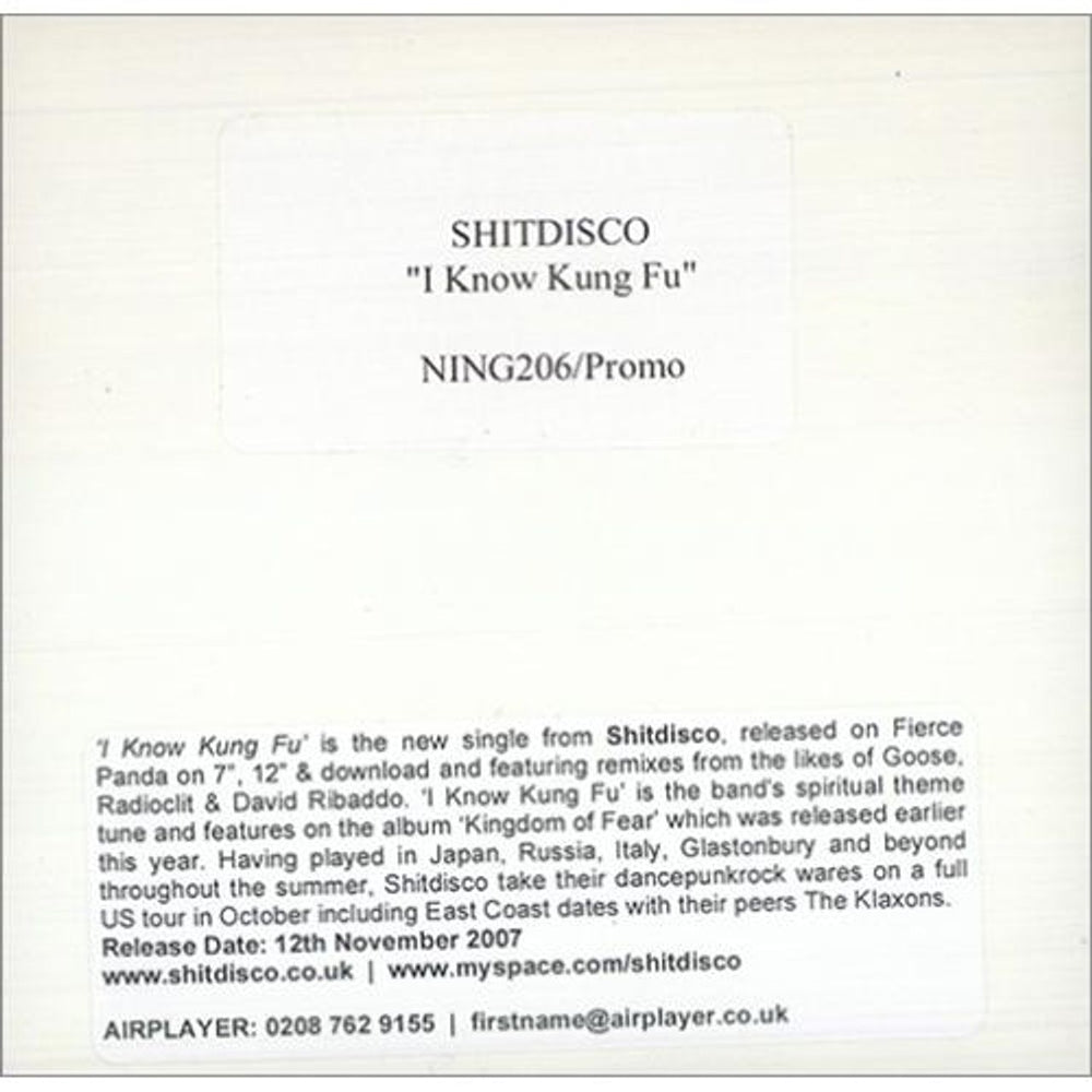 Shitdisco I Know Kung Fu UK Promo CD-R acetate CD-R ACETATE