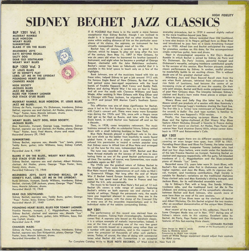 Sidney Bechet Jazz Classics Volume 1 - NY USA US vinyl LP album (LP record)