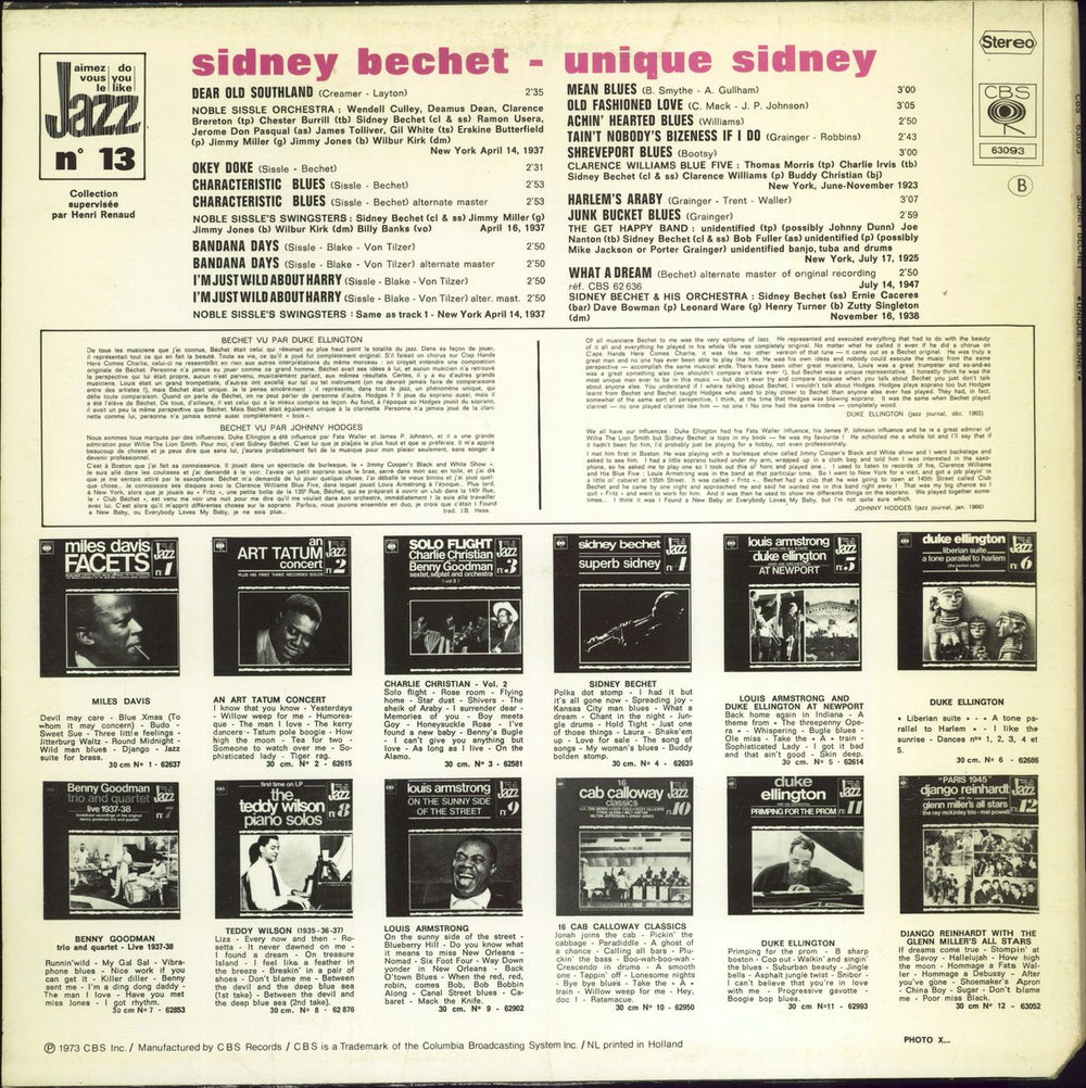 Sidney Bechet Unique Sidney Dutch vinyl LP album (LP record)