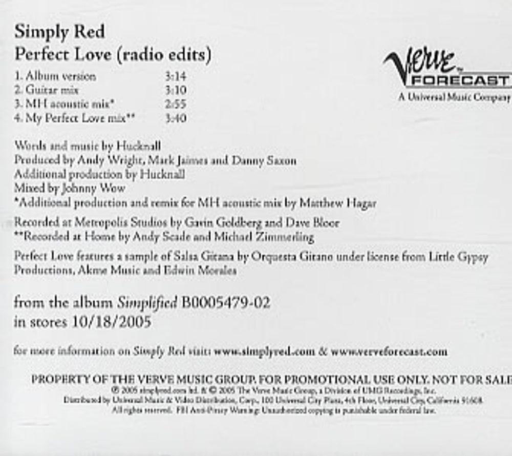 Simply Red Perfect Love - The Radio Edits US Promo CD-R acetate CD-R ACETATE