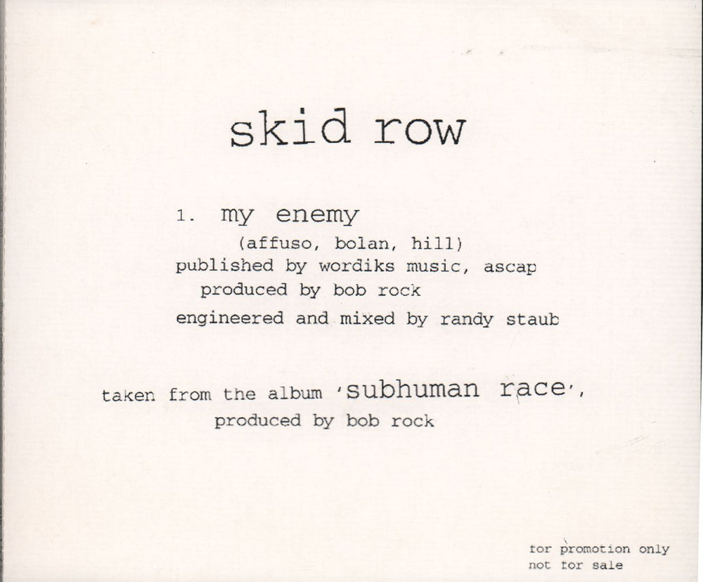 Skid Row (80s) My Enemy UK Promo CD single (CD5 / 5") SAM1575