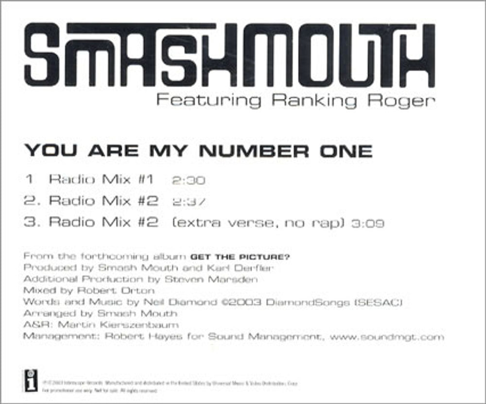 Smash Mouth You Are My Number One US Promo CD single (CD5 / 5") INTR-10980-2