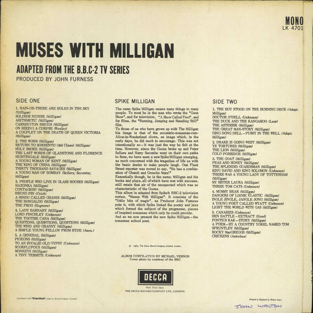 Spike Milligan Muses With Milligan - 1st - EX UK vinyl LP album (LP record)