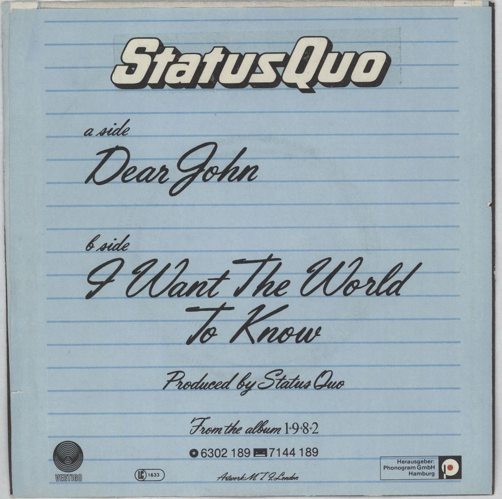 Status Quo Dear John German 7" vinyl single (7 inch record / 45) QUO07DE763627