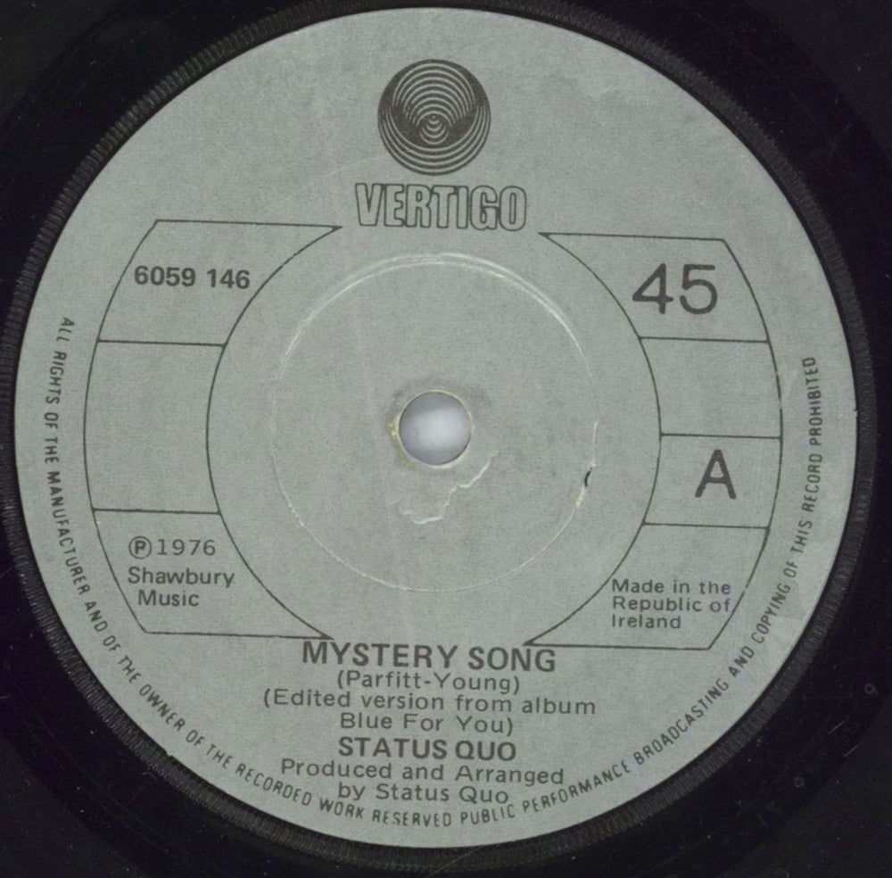 Status Quo Mystery Song Irish 7" vinyl single (7 inch record / 45) 6059146