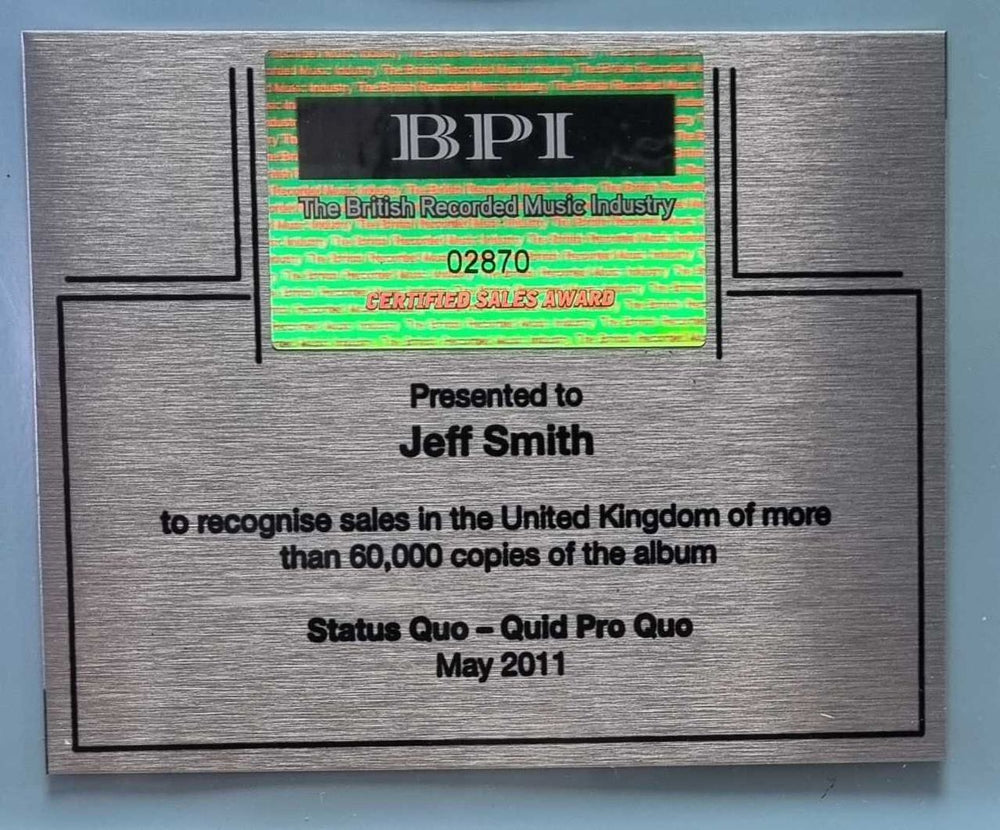Status Quo Quid Pro Quo UK award disc QUOAWQU809607