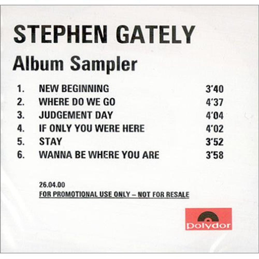 Stephen Gately Album Sampler UK Promo CD-R acetate CD ACETATE