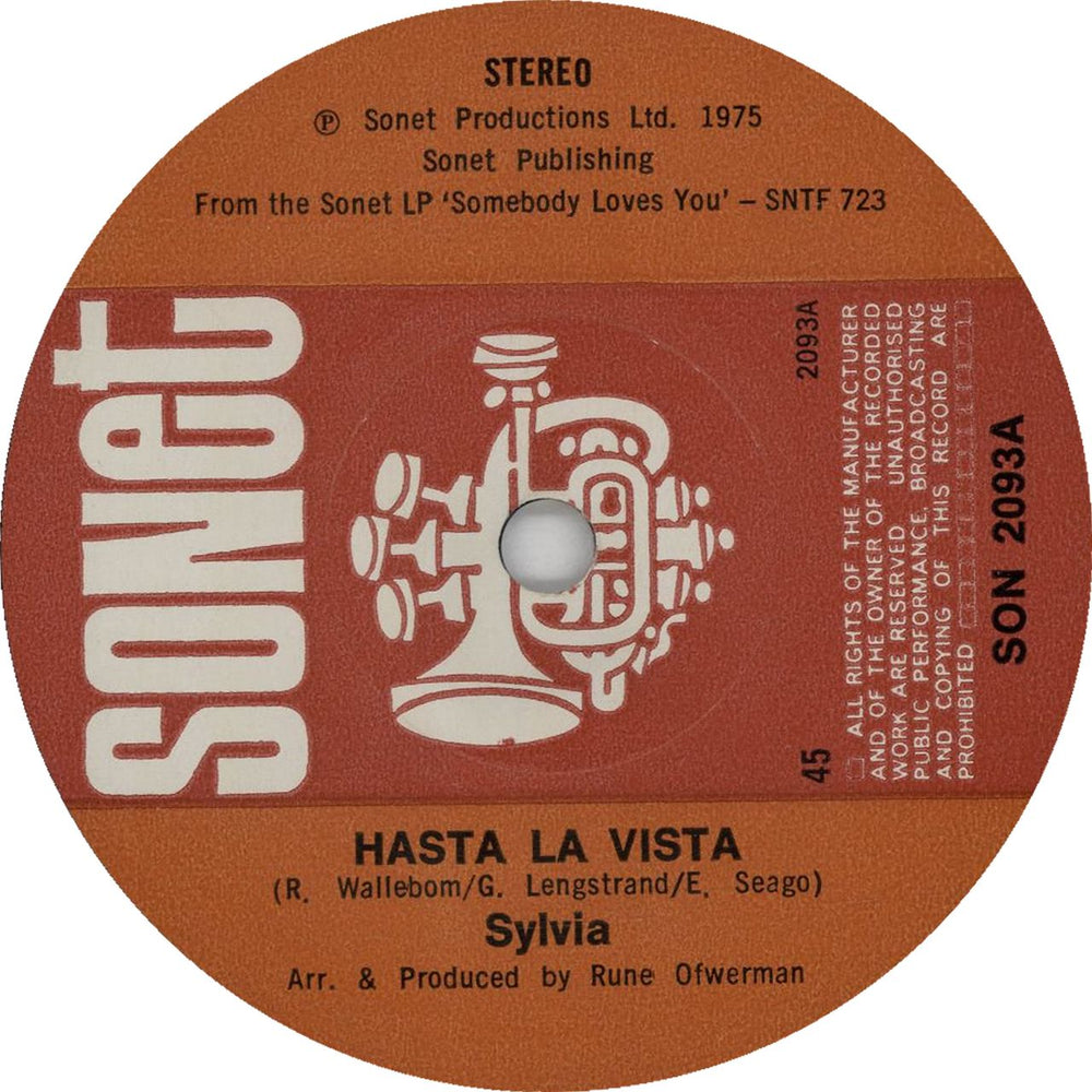 Sylvia Vrethammar Hasta La Vista UK 7" vinyl single (7 inch record / 45) SON2093