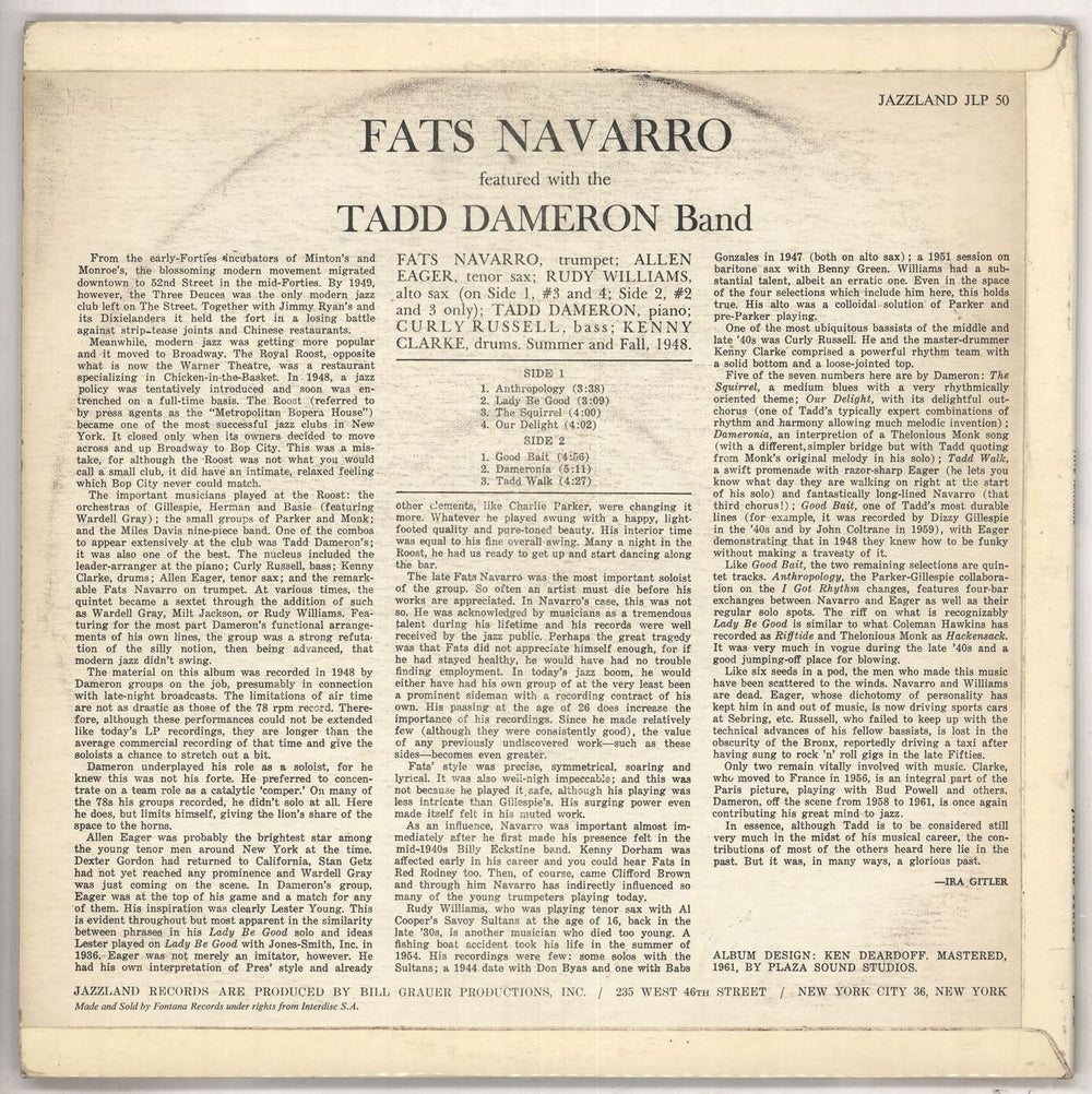 Tadd Dameron Fats Navarro Featured With The Tadd Dameron Quintet UK vinyl LP album (LP record) T^DLPFA447786