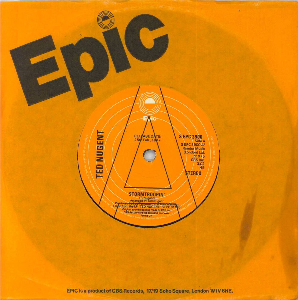 Ted Nugent Stormtroopin' UK Promo 7" vinyl single (7 inch record / 45) SEPC3900