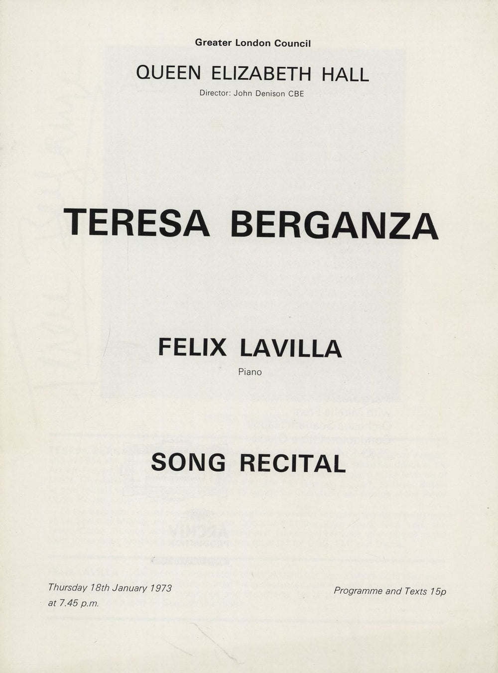 Tereza Berganza Song Recital - Autographed UK tour programme PROGRAMME