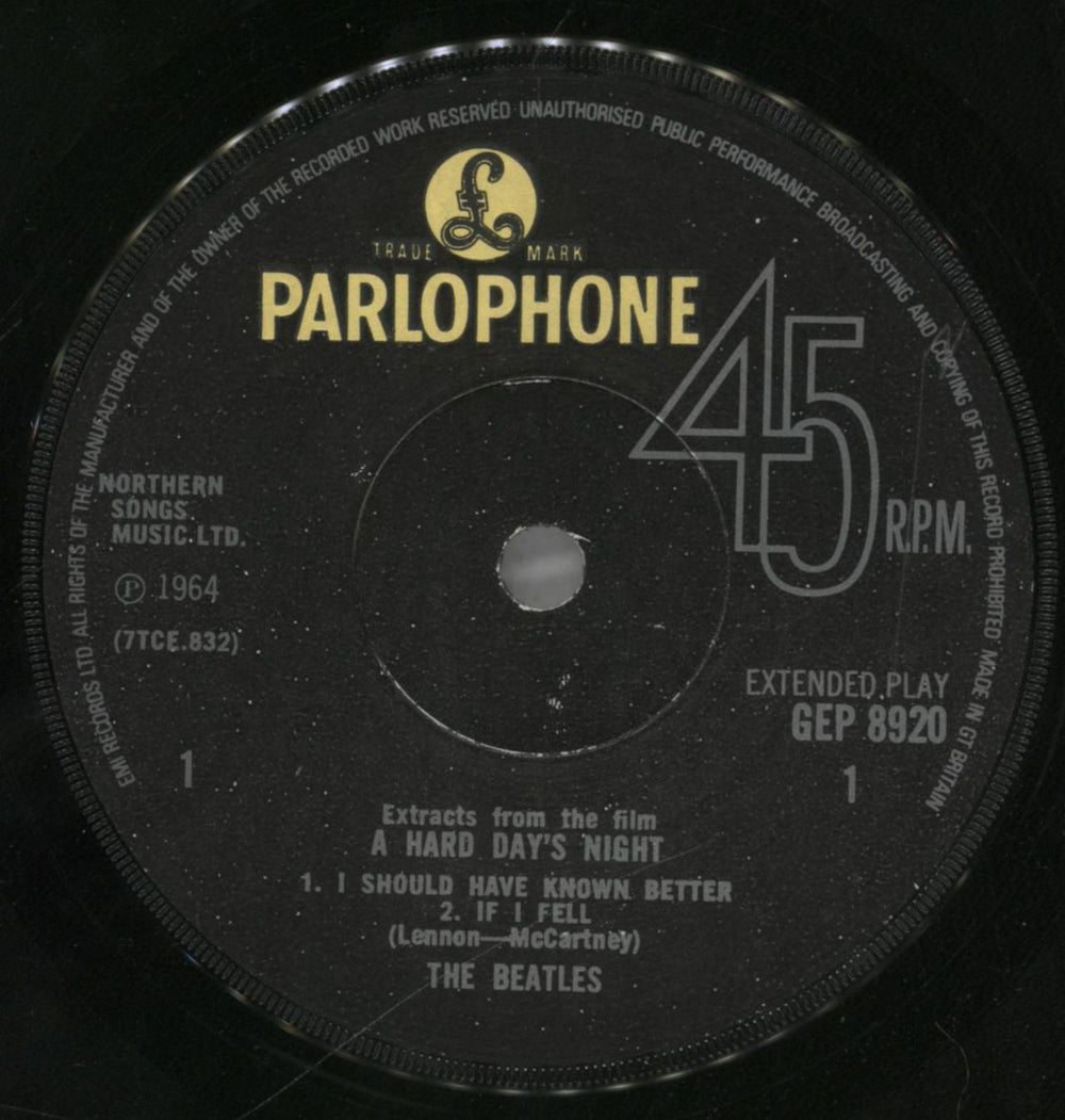 The Beatles A Hard Day's Night No. 1 EP - EMI Text - Solid Centre UK 7" vinyl single (7 inch record / 45) BTL07AH822117