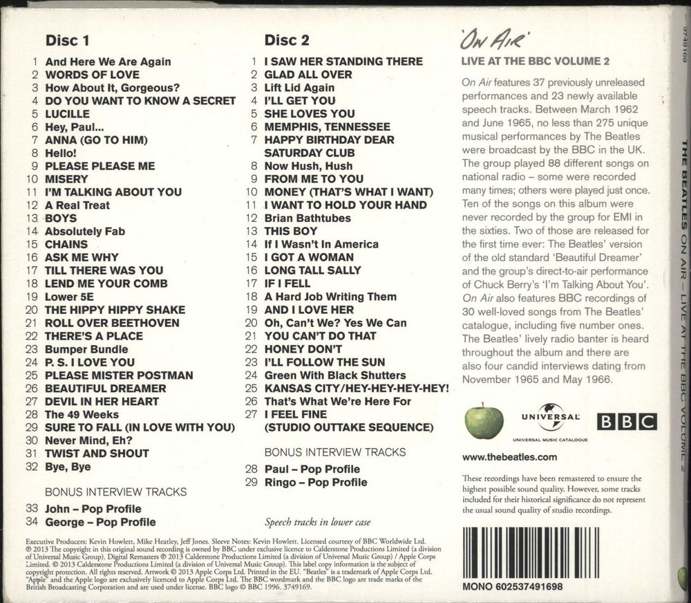 The Beatles On Air - Live At The BBC Volume 2 UK 2 CD album set (Double CD) 602537491698