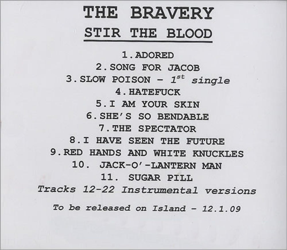 The Bravery Stir The Blood US Promo CD-R acetate CDR ACETATE