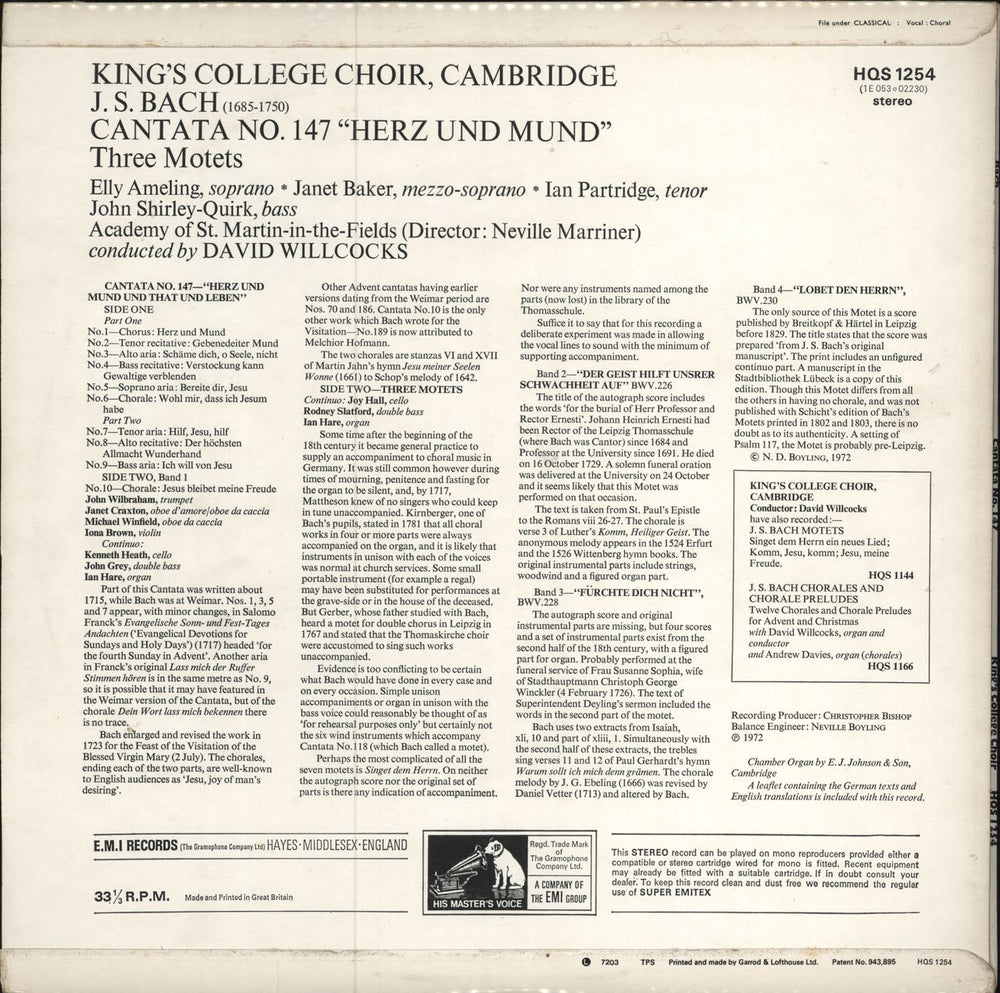 The Choir Of King's College, Cambridge Bach: Cantata No. 147, "Herz Und Mund" / 3 Motets - Sample UK vinyl LP album (LP record)